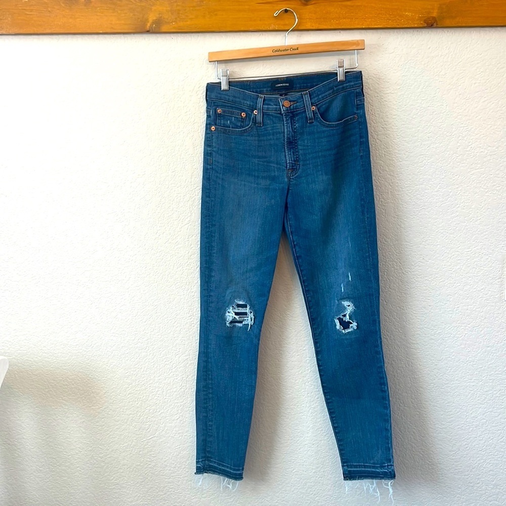 J Crew Denim Jean Pants 9 Inch High Rise Toothpick Distressed Blue size 27
